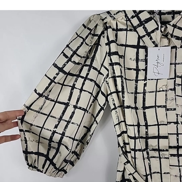 NEW Polagram Women's Cream Black Pearl Snap Boho Maxi Dress Tie Waist Sz S NWT - Picture 5 of 9